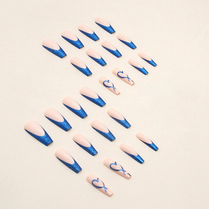Blue Heart French Ballerina Press-On Nails  Bold Blue Tips. Glossy Nude Base. Salon-Style Nails in Minutes.
