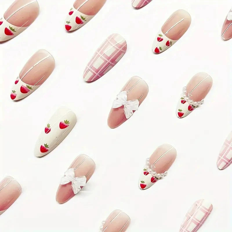 CDJ-20-86LYDZ Strawberry Bow Press-On Nails  Sweet French Nails with 3D Bow & Pearl Details