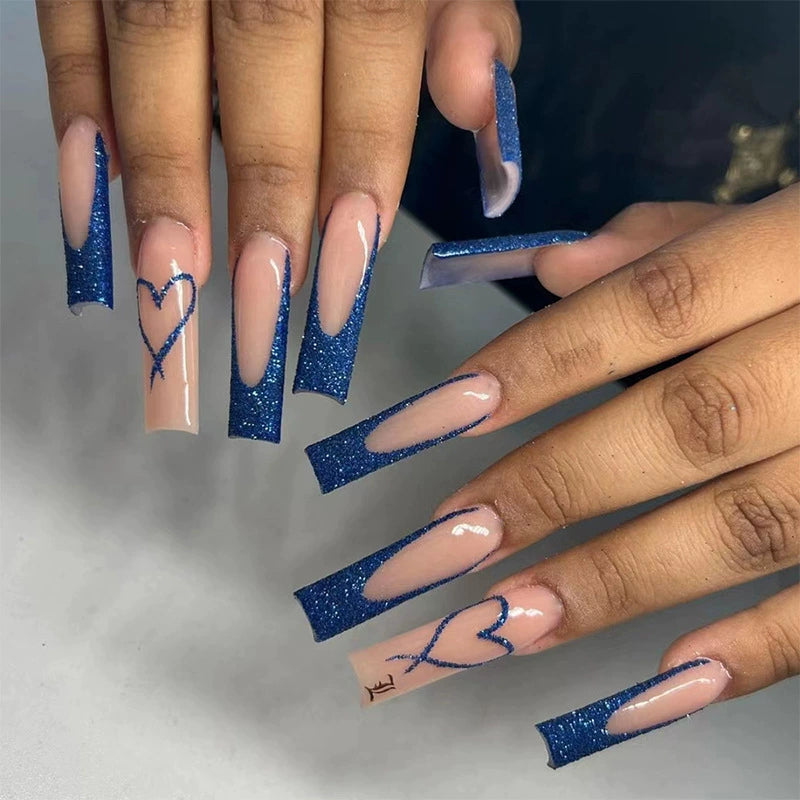 Blue Heart French Ballerina Press-On Nails  Bold Blue Tips. Glossy Nude Base. Salon-Style Nails in Minutes.