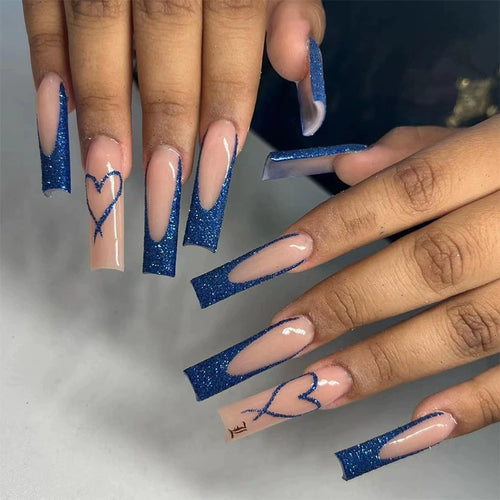 Blue Heart French Ballerina Press-On Nails  Bold Blue Tips. Glossy Nude Base. Salon-Style Nails in Minutes.