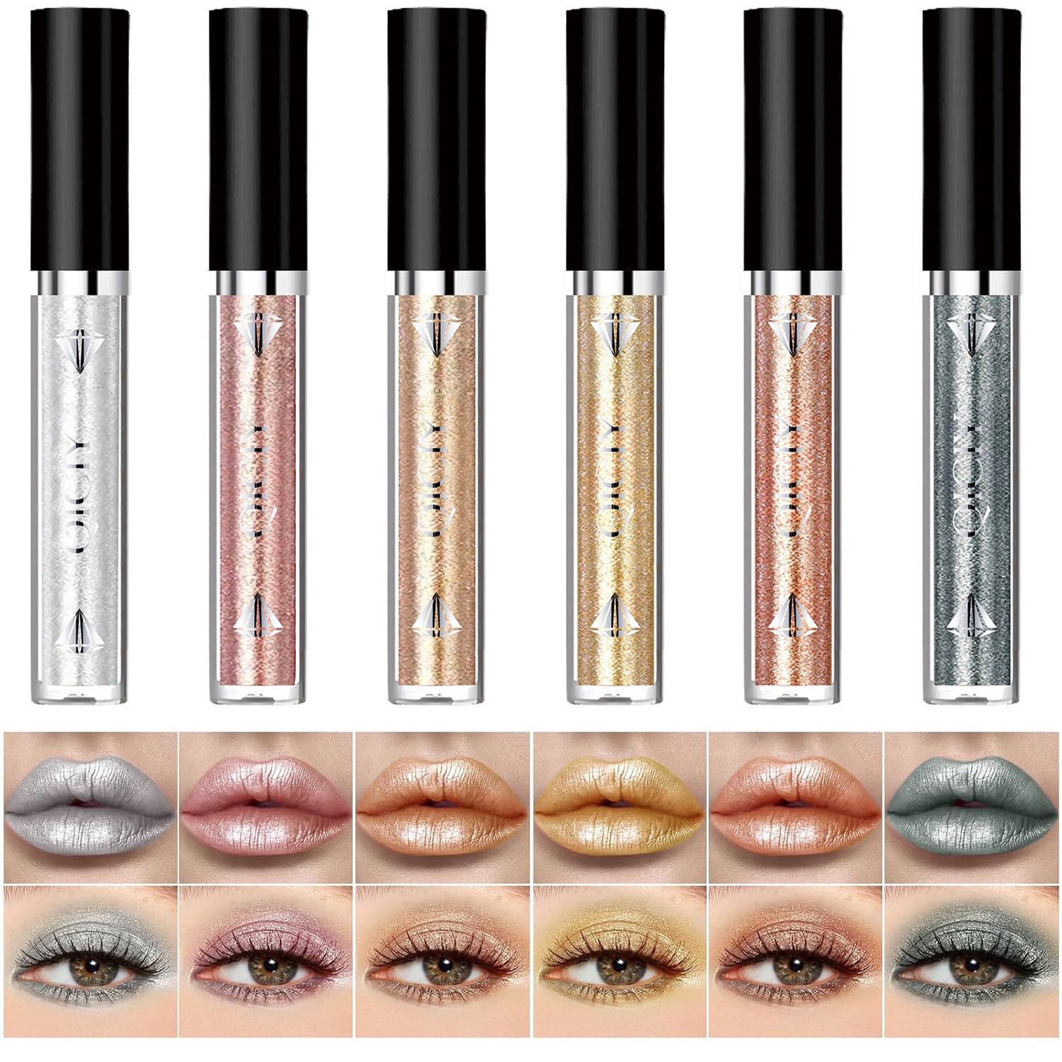 QICIYI Diamond Lip Glaze 6-Piece Set  Metallic Shine for Lips & Eyes
