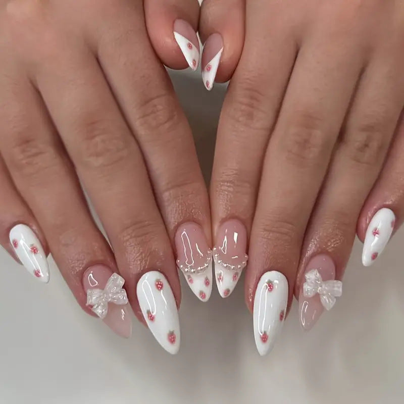 CDJ-20-86LYDZ Strawberry Bow Press-On Nails  Sweet French Nails with 3D Bow & Pearl Details