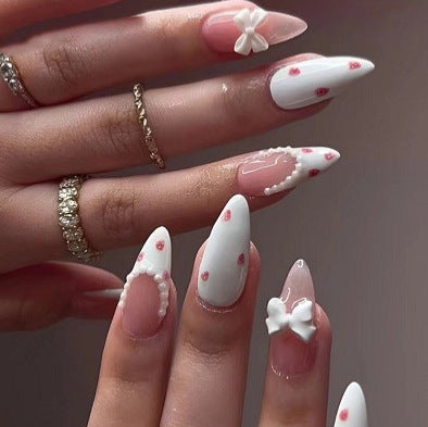 CDJ-20-86LYDZ Strawberry Bow Press-On Nails  Sweet French Nails with 3D Bow & Pearl Details
