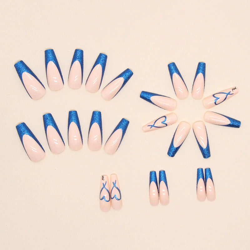 Blue Heart French Ballerina Press-On Nails  Bold Blue Tips. Glossy Nude Base. Salon-Style Nails in Minutes.