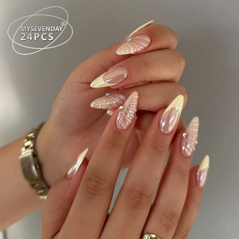 BZ1521 French Shell Press-On Nails  Soft Yellow French Tips with 3D Shell Detail