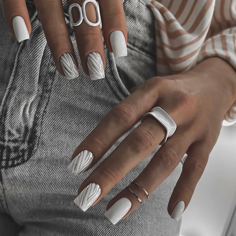 W387 Grey & White Tree Pattern Press-On Nails  Minimal. Chic. Effortlessly Stylish.